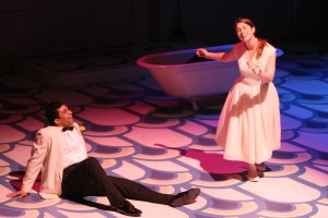 Eurydice (Alisha Ehrlich) struggles to choose happiness with husband Orpheus (Aby George) in DMT's production of "Eurydice," playing through this weekend in Hayward (Photo by Terry Sullivan)