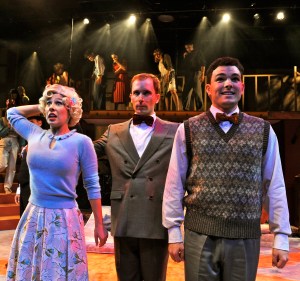The lecturer (Galen Murphy-Hoffman, center) tells the tragic tale of Mary Lane (Courtney Hatcher, left) and Jimmy (Barnaby James), a lovely couple derailed by marijuana in San Jose Stage's production of "Reefer Madness," extended through July 14th. (Photo by Dave Lepori)