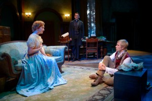Candida (Sharon Rietkirk) is in the middle of two men vying for her affections - her husband Reverend Morell, center (Christopher Vettel) and the young poet Eugene Marchbanks (Tim Homsley) in San Jose Rep's production of "A Minister's Wife." (Photo by Kevin Berne)
