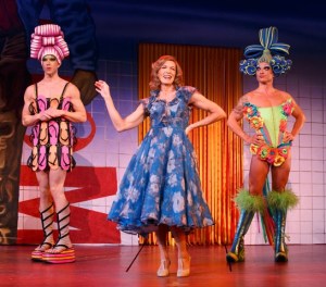 Mitzi Mitosis (Wade McCollum), Marion (Christy Faber) and Felicia (Bryan West) meet up at Marion's casino in "Priscilla, Queen of the Desert." (Photo by Joan Marcus)