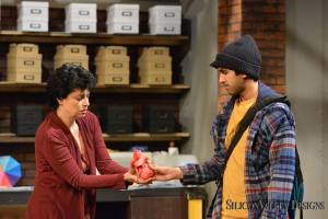 Ilana (Janis DeLucia) mentors origami protege Suresh (Danraj Rajasansi) in "Animals out of Paper" at City Lights Theater Company. (Photo by Tasi Alabastro)