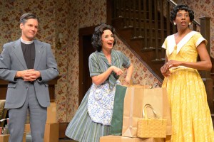 The local clergyman (Timothy Redmond) attempts to provide perspective to Bev (Lynda DiVito) and Francine (Velina Brown) in "Clybourne Park" at Center REP. (Photo by mellopix.com)
