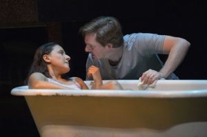 A strong bond forms between Fountainhead (Patrick Kelly Jones) and Odessa (Zilah Mendoza) in "Water by the Spoonful" at TheatreWorks Silicon Valley in Mountain View. (Photo by Kevin Berne)