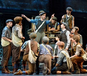Jack Kelly (Dan DeLuca, center) leads his fellow newsboys on a strike in "Newsies," running in San Francisco through March 15th. (Photo by Deen Van Meer)