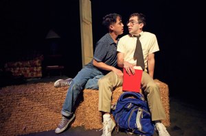 Kenny (Wes Gabrillo) and Benji (Maro Guevara) find love in the shadows in "Edith Can Shoot Things and Hit Them" at Crowded Fire Theater through March 21st. (Photo by Pak Han)