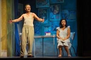 Checkers Rosario (Sean San Jose), a horror film screenwriter, and his leading lady and girlfriend, Reva Gogo (Melody Butiu), in Presenting…the Monstress!, a one-act play by Sean San Jose.(Photo by Kevin Berne)